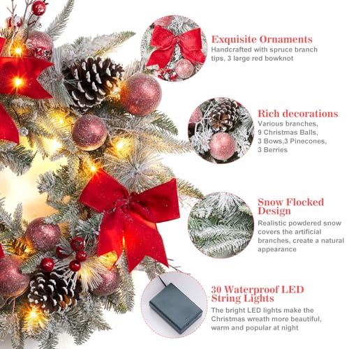 GarveeHome 24in Red & White Pre-Lit Christmas Wreath with Bow, Pinecones, Berries, Balls & 30 LEDs (Battery Operated)