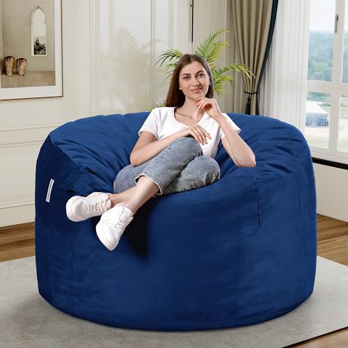Blue 3Ft Velvet Bean Bag Chair for Adults with Memory Foam Filling - Plush Lazy Sofa