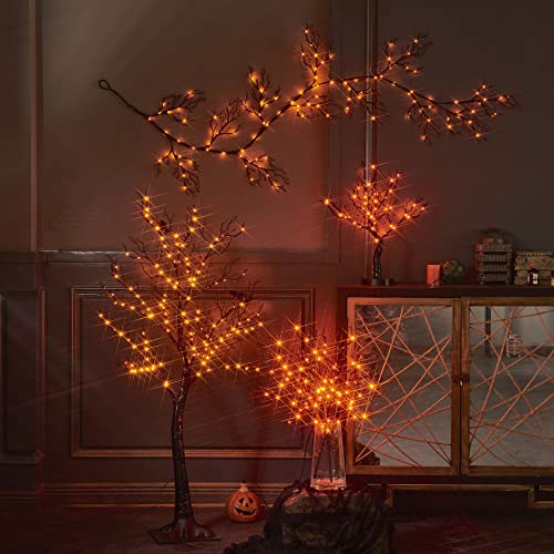 Black Halloween Tree with Lights - 4ft Spooky Indoor Outdoor Decor with 150 Orange Fairy Lights - Variation: Black 150L Tree