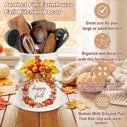 Fall Ceramic Utensil Holder with Autumn Wreath - BOXJINCO Fall Decor