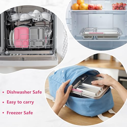 Pink Stainless Steel Bento Lunch Box for Kids & Adults, 4 Compartments, Sauce Container