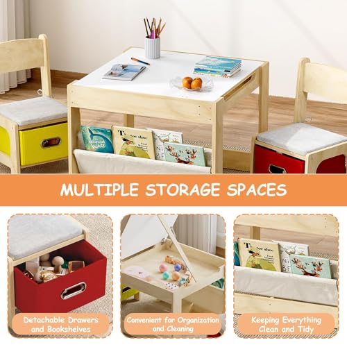 Kids Wooden Activity Table and 2 Chairs Set - Adjustable Doodle Surface, Storage, Safety Hinges, Burlywood, Red/Yellow