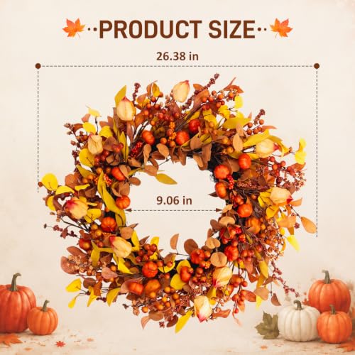 24-Inch Pumpkin Fall Wreath for Front Door - Autumn Harvest Decor - Pumpkin Variation