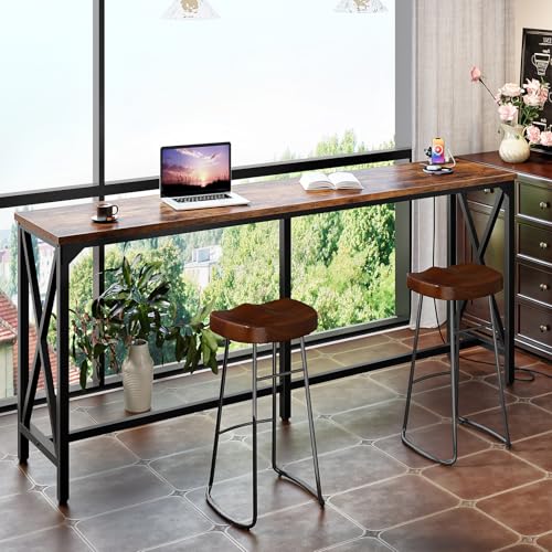 70.9-Inch Industrial Style Bar Table with Power Outlet and Footrest - Rustic Brown & Black