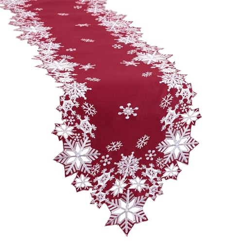 Simhomsen Embroidered Burgundy Snowflakes Table Runner 14×69 inches