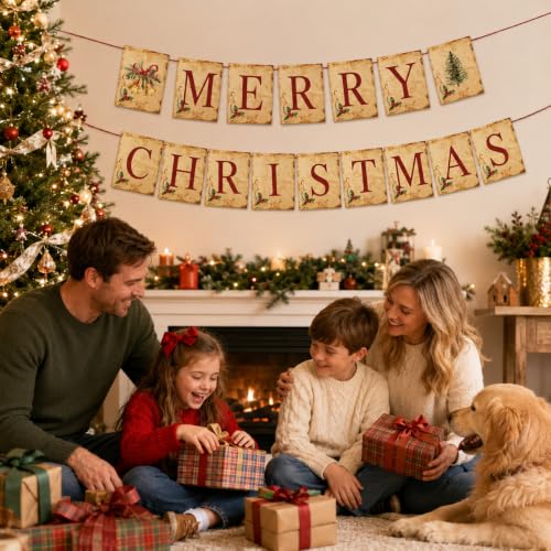 Actilize MERRY CHRISTMAS Banner with Christmas Tree and Bells - Christmas Vintage
