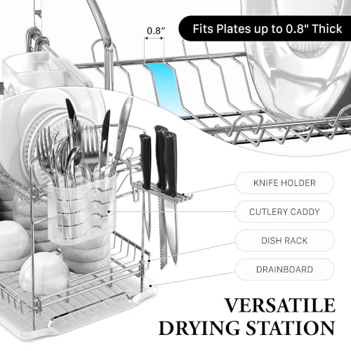 Stainless Steel Dish Rack with Drainboard and Cutlery Basket - Chrome - 2-Tier