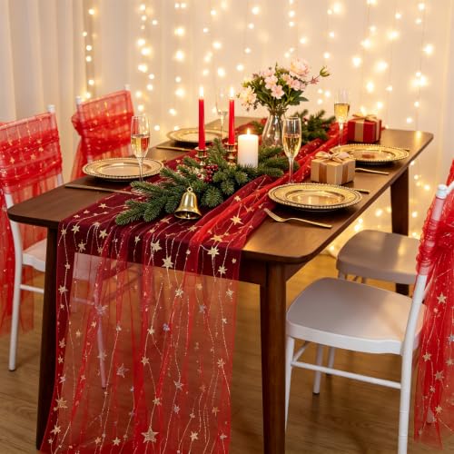 ShinyBeauty 28x120 Inch Red Iridescent Star Gauze Table Runner for Christmas & Holiday Decor
