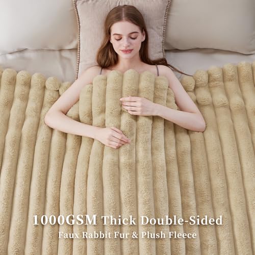 Beige Faux Fur Throw Blanket 80x90 Inches - Thick Plush Warm Cover