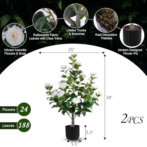 Artificial Camellia Trees in Pot - White, Medium - Indoor & Outdoor Decor, 2 Pack