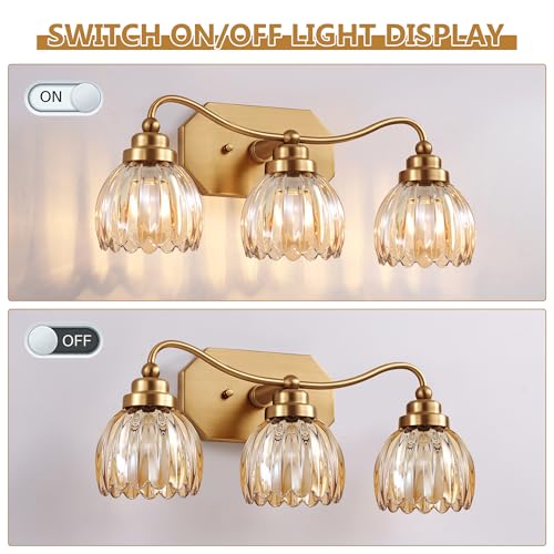 Brushed Gold 3-Light Vintage Vanity Light with Amber Glass Shades - Tulip Amber Variation