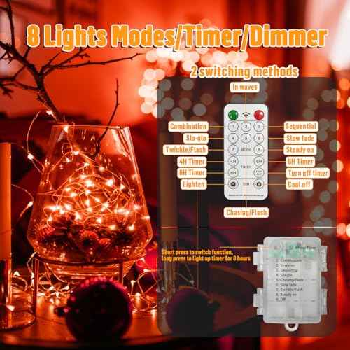 LAMPHOME 100 LED 33FT Red Fairy Lights Battery Operated with Remote, Mini Starry String Lights Multi Functions & Timer,Twinkle for Christmas Home Bedroom Wedding DIY Centerpiece Decor