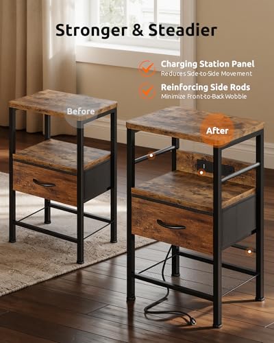 Rustic Brown Nightstands Set of 2 with Charging Station, Bedroom Night Stands