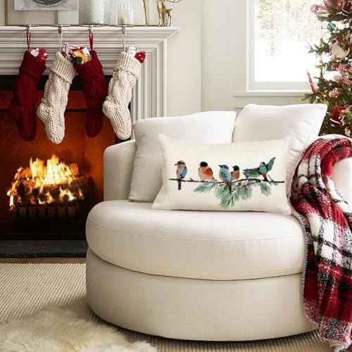 RABUSOFA Christmas Outdoor Pillow Covers Waterproof 12x20 Inch Birds Christmas Winter Decorations Lumbar Throw Pillow Cases Xmas Birds Decor Decorative Pillows for Couch Holiday Teal