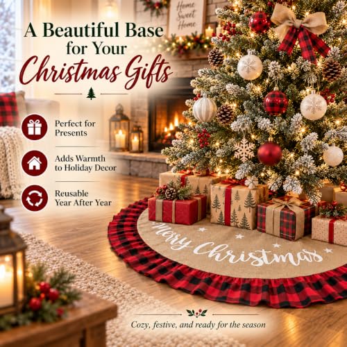 AISENO 48in Buffalo Plaid Linen Burlap Christmas Tree Skirt - Red & Black Edge