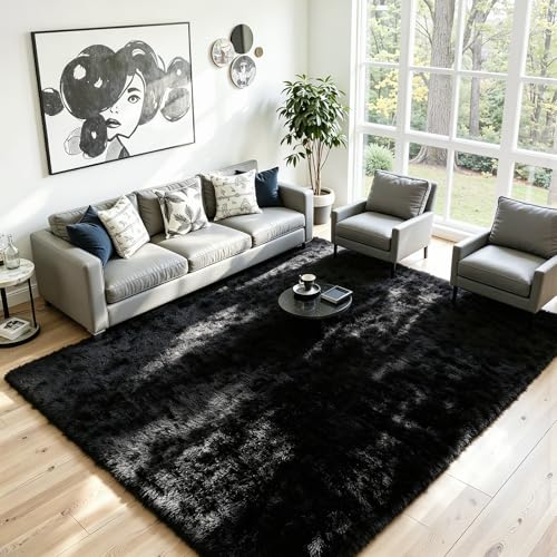 8x10 Fluffy Area Rug for Living Room: Soft Non-Slip Black Bedroom
