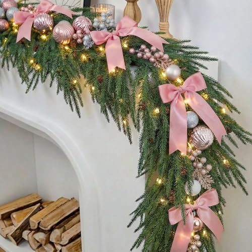 CraftyDream 6ft Christmas Norfolk Pine Garland with Lights – Rose Gold