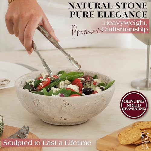Travertine Decorative Bowl - 8-Inch Stone Centerpiece for Coffee Table & Home Decor - Heavy Natural Limestone