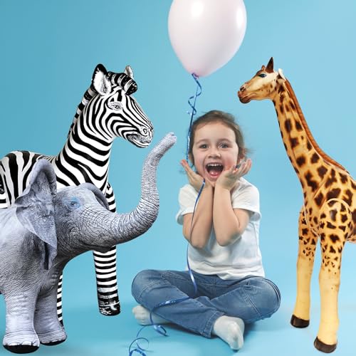 Inflatable Safari Animal Set - Giraffe Zebra Elephant - Multi, 3 Pack