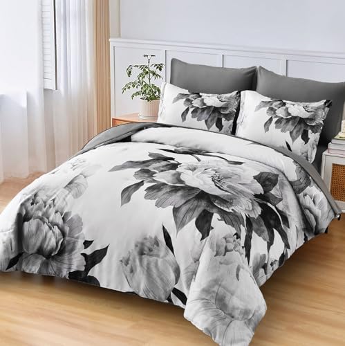 Dobuyly Queen Comforter Set 7 Pieces Grey Floral Bed in a Bag, All-Season Microfiber Bedding