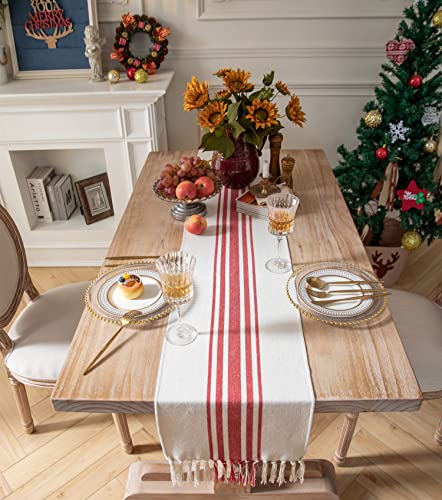 Caflife Christmas Table Runner 13x108 Inch Red Beige Boho Decor with Tassels - Holiday & Winter Dining Accessory