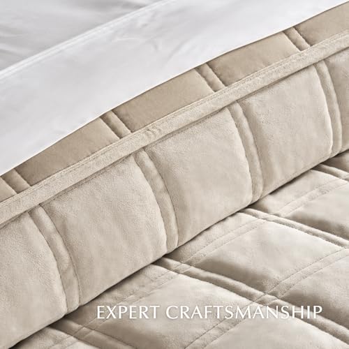 EverGrace Luxurious Velvet Quilt Set Queen Double Box Stitch Beige 3 Pieces