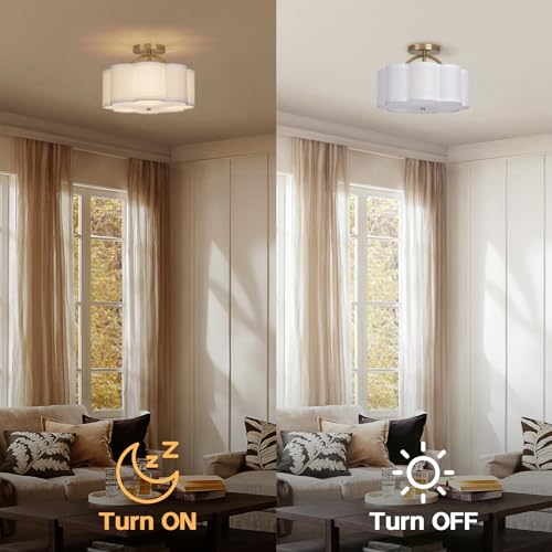 CALOKES Semi Flush Mount Ceiling Light - Scalloped White Fabric Shade & Gold Support, 11.8" Modern 3-Light Fixture for Bedroom, Kitchen, Living Room