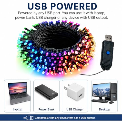 Dazzle Bright RGB 33ft 100 LED Color Changing Christmas Lights, USB Powered, Bluetooth + Remote