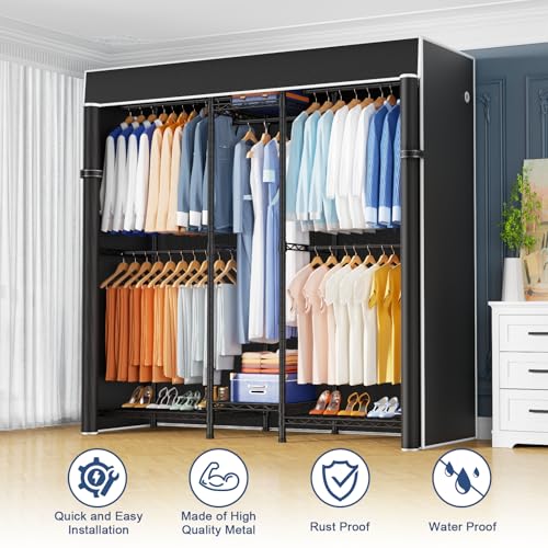 Ulif E12C Heavy Duty Black Closet Organizer with Cover - Freestanding Garment Rack, Adjustable, 860 lbs Capacity