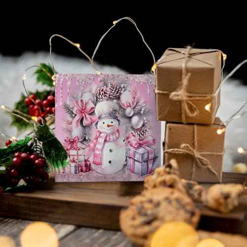 Pink Christmas Wooden Sign - Coquette Christmas Snowman Wooden Box Sign,Preppy Snowman Wooden Box Sign Christmas Desk Decor For Bedroom Living Room House Decorations,5x5 Inch