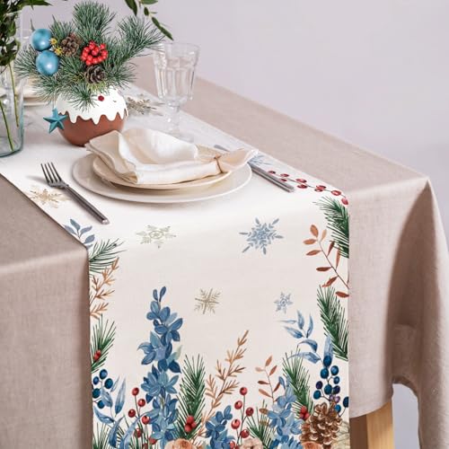 Winter Frosty Roses Table Runner 13x36 in Pine Branch Berry Burlap | Cloudfomila — Christmas Holiday