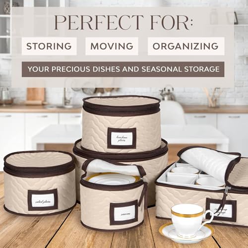 Beige 5-Piece China Storage Container Set Quilted Dinnerware Organizer