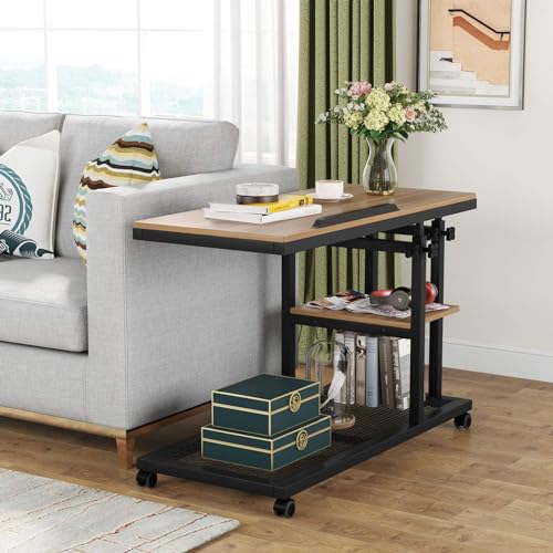 Tribesigns Height Adjustable C Table with Wheels Black Oak - Mobile Sofa & Bed Side Tray with Tiltable Drawing Board