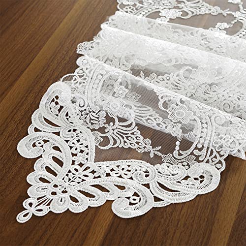 Jeloris White Lace Table Runner Dresser Scarf Macrame Floral Embroidered 12x82 in