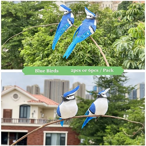 LWINGFLYER 2PCS Realistic Blue Jay Birds 5.5Inch Artificial Foam Feather Bird for Christmas Tree Ornaments Wreath Crafts Flower Arrangements Home Party Decor