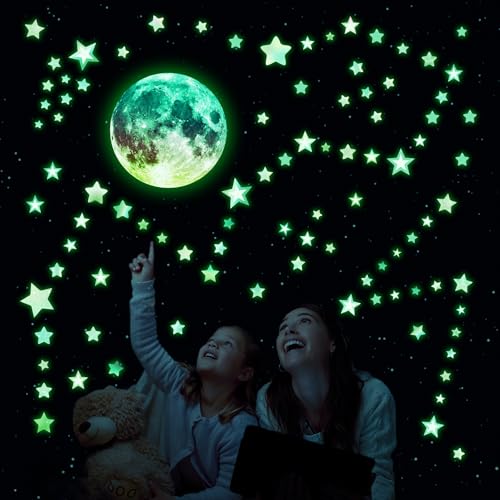 Glow in The Dark Stars for Ceiling, Holographic Colorful Moon Planet Wall Decals, Boys Girls Nursery Bedroom Wall Stickers
