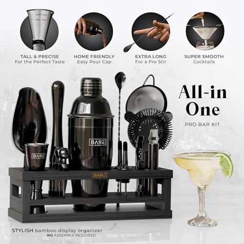 Bartender Kit Bar Set with 16 Tools and 35 Recipe Cards - Jet Black 24oz Cobbler Shaker