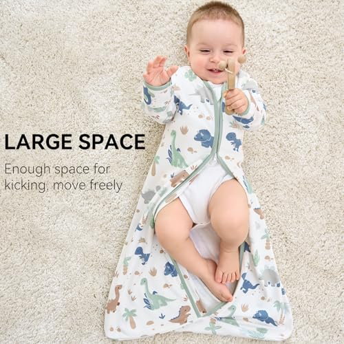 FIEMOL Baby Sleep Sack 6-12 Months Green Dinosaur 2-Pack - Long Sleeve Wearable Blanket with Mittens & 2-Way Zipper