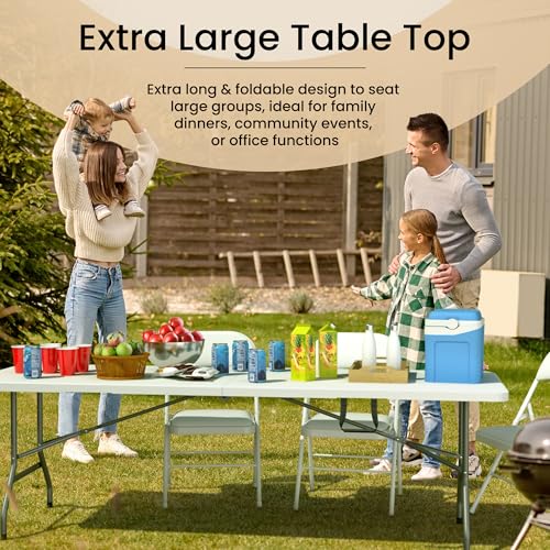 White 8ft Foldable Camping Table with Handle & Steel Legs - Heavy Duty Portable Indoor & Outdoor Event Table