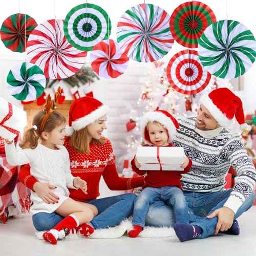 9 Pcs Christmas Candy Hanging Paper Fans Decoration Peppermint Hanging Fans Xmas Candy Cane Party Garland Decor for Merry Christmas Holiday Classroom Ceilings Wall Birthday Party Supplies