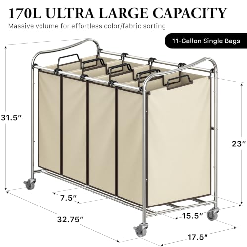 Heavy Duty Rolling Laundry Cart with 4 Bags - Chrome Finish, Durable Steel Frame