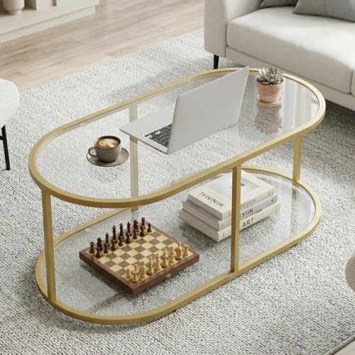 Gold 2-Tier Oval Coffee Table - Modern Glass & Metal Living Room Accent