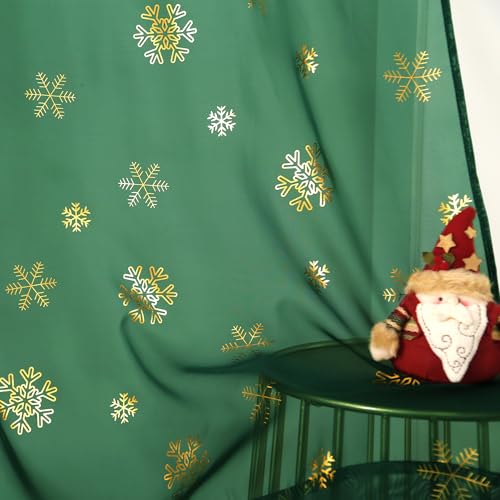 MikiUp Christmas Snowflakes Sheer Curtains 2 Pack Green & Gold 52x95 inches