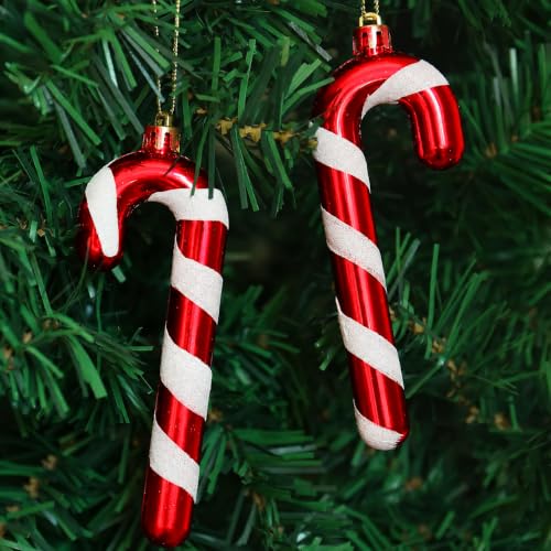 12Pcs Red & White Candy Cane Christmas Ornaments with Glitter – 12.5 cm