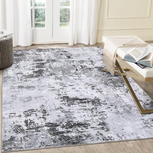 Grey 8x10 Abstract Washable Area Rug for Living Room