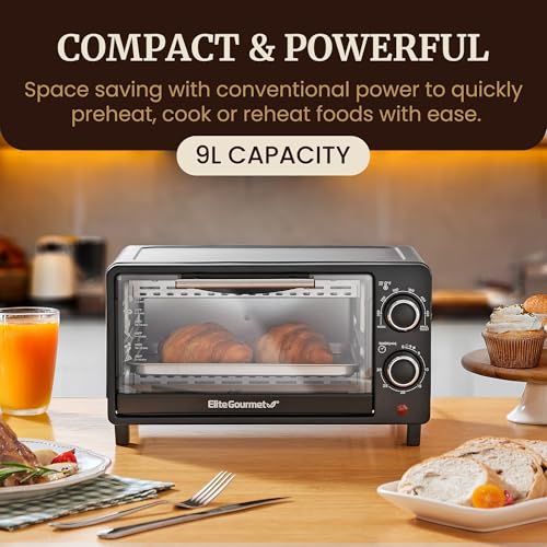 Elite Gourmet 9L 4-Slice Toaster Oven with Timer & Temperature Control - Black