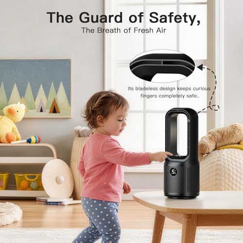 let'me Black Bladeless Desk Fan with Night Light, 5-Speed, 70° Oscillation, 9-Hour Timer