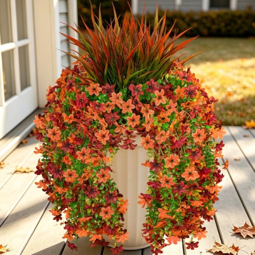 Artificial Fall Hanging Flowers - Faux Mums with Grass, Brown Red, 6-Petaled, 7PCS