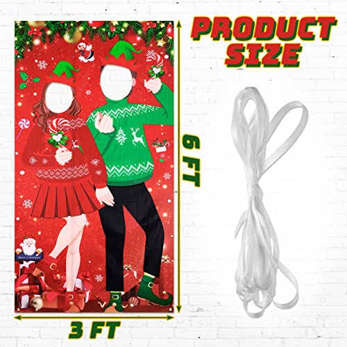 Giant Christmas Photo Booth Backdrop Banner with Face Cutouts - 6x3 ft Holiday Party Decor