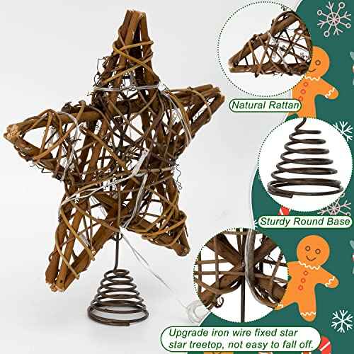 Christmas Tree Topper, Rustic Rattan Star Treetop Christmas Tree Decorations with 10 Light, Star Tree Toppers for Indoor Holiday Party Xmas Decorations